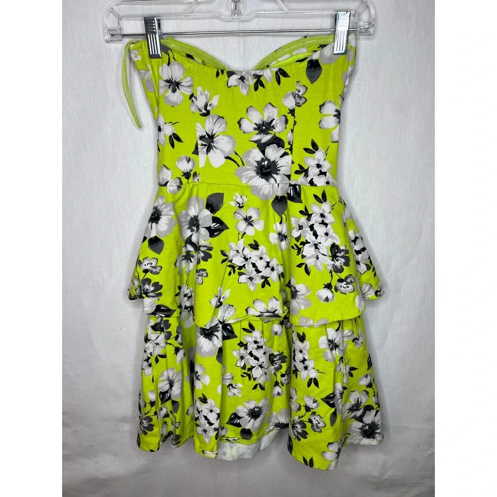 Aeropostale Neon Lime Green Floral Peplum Strapless‎ Mini Dress Girls Small S